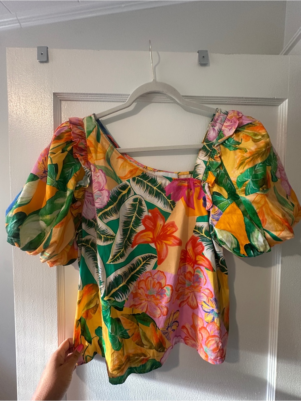 Alden Adair Floral Puff-Sleeve Square Neck Top